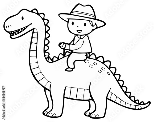 Cartoon boy wearing a hat rides a friendly dinosaur in a simple line drawing.
