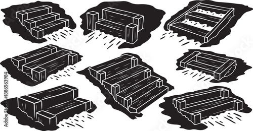 Illustration of various sofas in different positions and styles