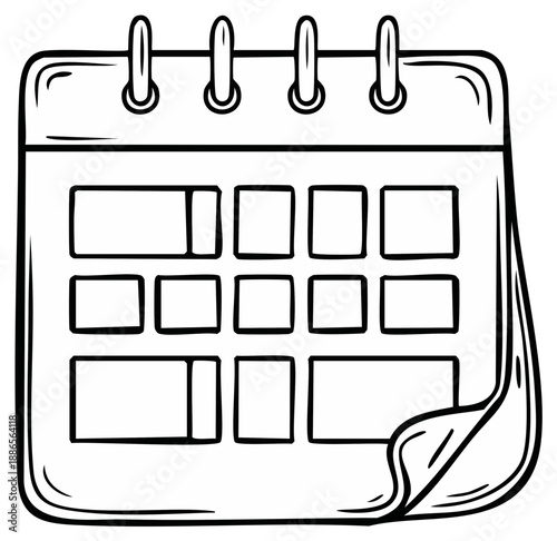 Hand drawn outline calendar with blank date grid and spiral ring binding