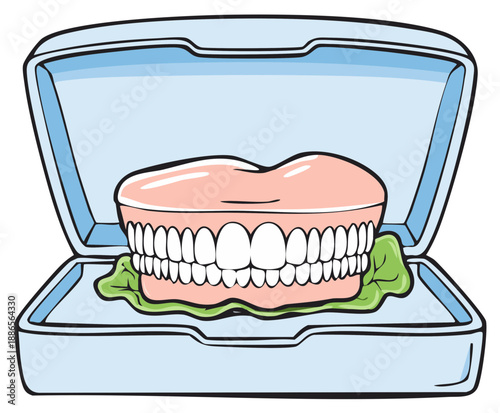 Full Dentures in a Light Blue Container with Green Padding Illustration, Dental Health Concept Cartoon Style