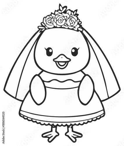 Cute cartoon duckling bride wearing a floral wedding veil and dress, line art illustration