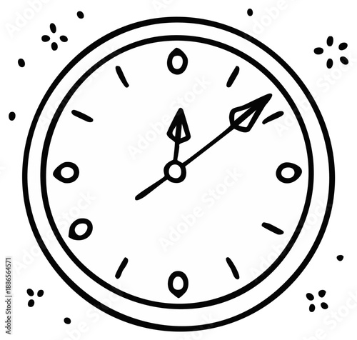 Doodle style clock illustration showing time, minimalist design
