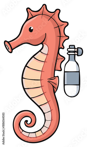 A whimsical cartoon seahorse diver character with a scuba tank ready for an underwater adventure