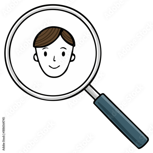 Magnifying glass with smiling cartoon face, search, analysis, concept
