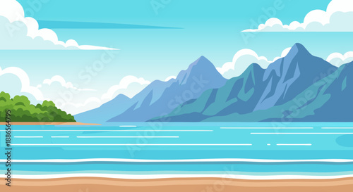 Serene tropical beach landscape vector illustration featuring majestic mountains, clear blue ocean waves, and a tranquil sandy shore, perfect for summer travel and relaxation designs