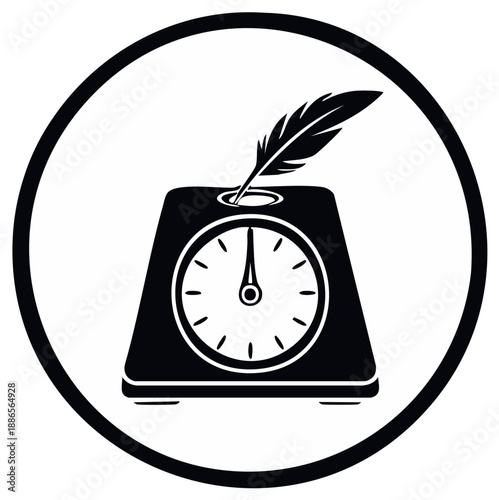 Icon of a classic quill pen and inkwell with a clock face inside a circle