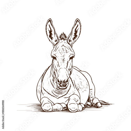 Donkey lying down and looking at the camera