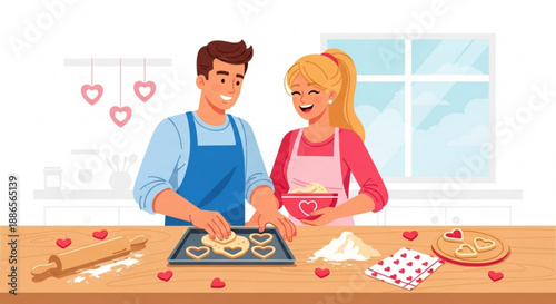 Couple baking heart shaped cookies together in a kitchen on valentine's day