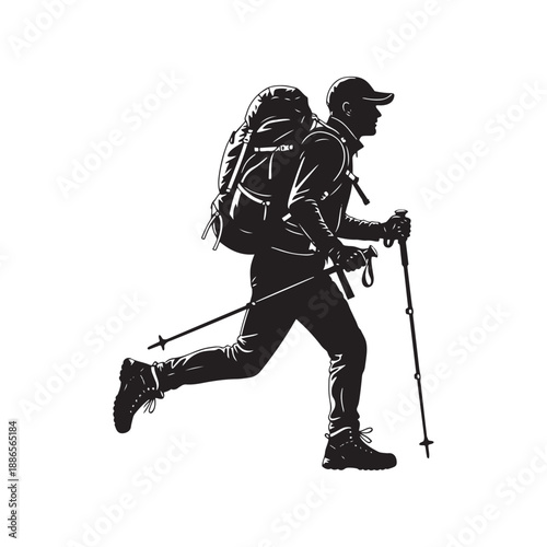 Hiker with backpack and trekking poles walking