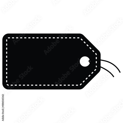 A black tag with a white dotted line and a hole for a string on a white background