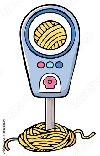 Whimsical cartoon parking meter with yarn ball display and tangled noodle base