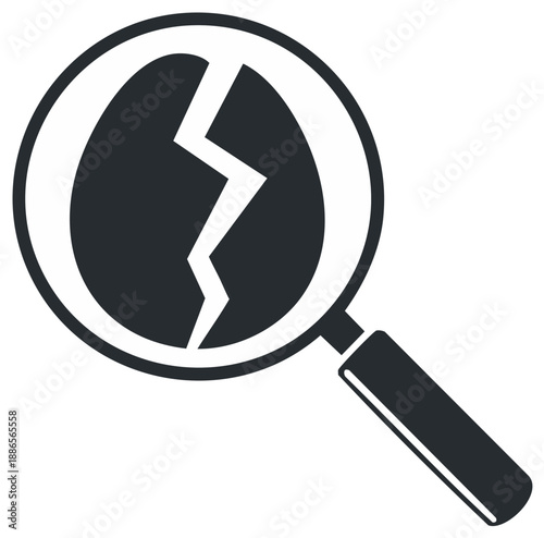 Magnifying glass examining a cracked egg, representing inspection or discovery of fragility