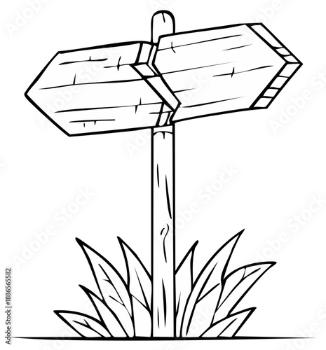 Cartoon wooden signpost illustration featuring arrows pointing in opposite directions above grass