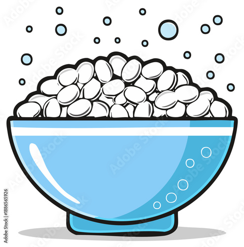 Blue bowl filled with white beans and bubbles above