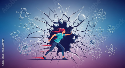 Person breaking through cracked glass wall with science symbols around