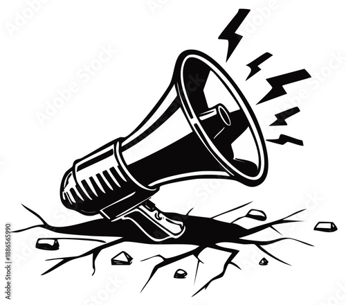 Loud Megaphone Sits Cracking Surface with Electric Bolts for Announcement