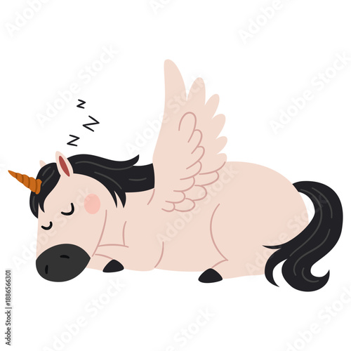 A cute pegasus unicorn is lying down and sleeping. Flat vector illustration in a simple children's style. . Vector illustration
