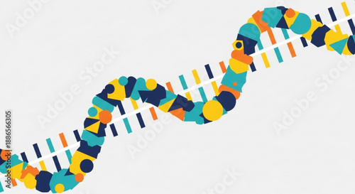 Colorful dna double helix structure with geometric shapes and circles on white background