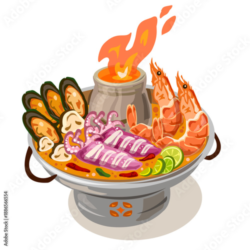 Spicy Thai Seafood Soup in Traditional Hot Pot Vector Illustration