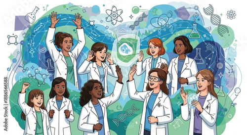 Diverse group of scientists celebrating with hands raised in lab coats