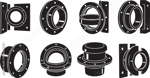 Industrial Pipe Flanges and Fittings in Black and White