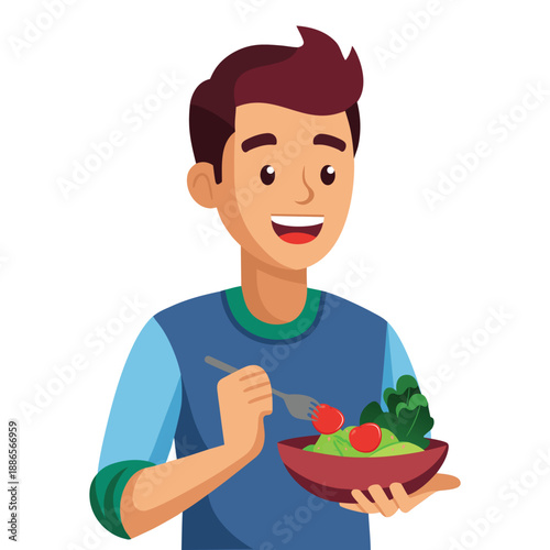 A boy who is eating salads on white background. Healthy foods