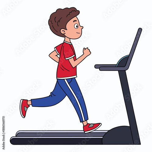 A boy running on a treadmill on white background