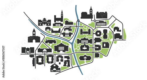 City or campus map vector with building silhouettes and green parks