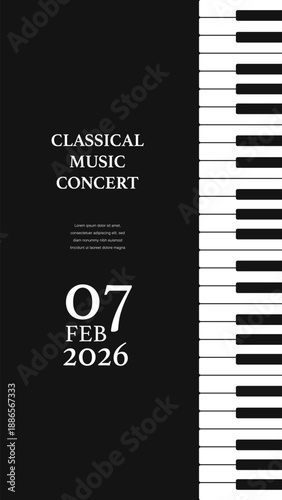 Classical Music Concert Poster Template With Piano Keyboard Stripe And Black Minimal Layout