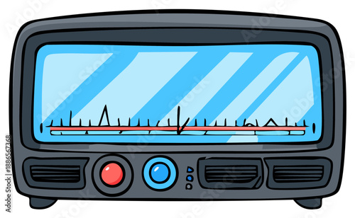 Cartoon illustration of a retro polygraph machine with a signal wave on screen