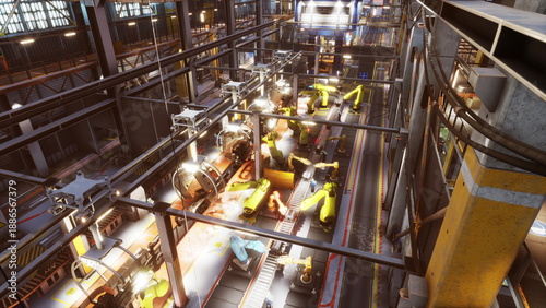 A busy manufacturing facility features advanced robotic arms assembling products with precision. Bright lights illuminate the workspace, highlighting a blend of technology and engineering.