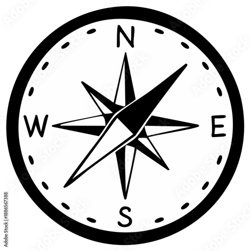Black and white compass rose illustration, navigation concept