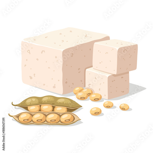 A large, porous block of fresh tofu sits beside stacked cubes, accented by scattered golden soybeans and split green pods that reveal natural beans inside this wholesome, protein-rich composition