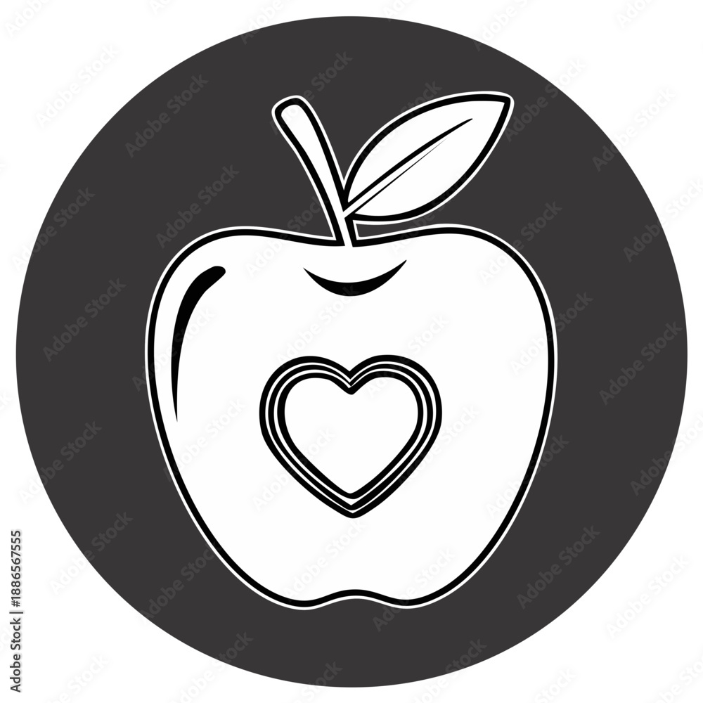 Fototapeta premium Apple icon with heart shape inside against gray circle for health concept illustration