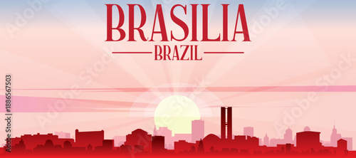 Red panoramic poster of the city skyline with misty background buildings, sunrise, moon and clouds of BRASILIA, BRAZIL