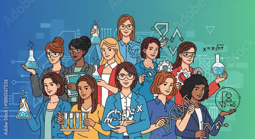 Diverse group of women in science lab coats holding various laboratory equipment and tools