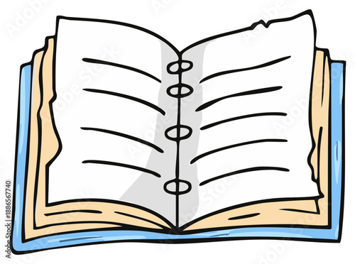 Open book with blank pages and visible binding stitches, simple line drawing style.