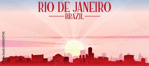 Red panoramic poster of the city skyline with misty background buildings, sunrise, moon and clouds of RIO DE JANEIRO, BRAZIL