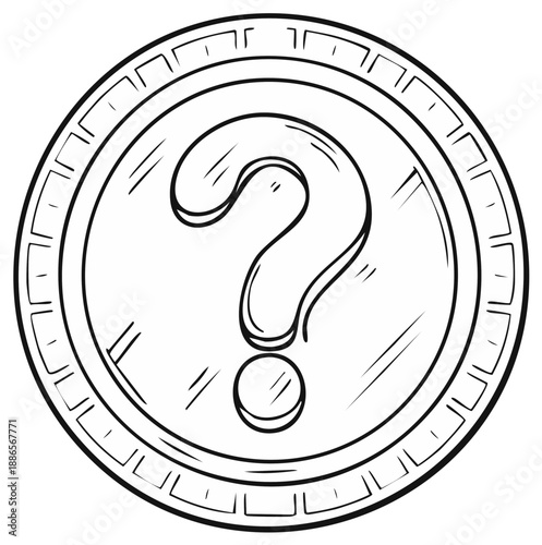 Hand-drawn question mark symbol inside a coin outline with textured border representing mystery and financial uncertainty.