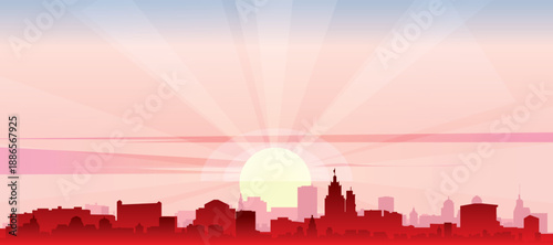 Red panoramic poster of the city skyline with misty background buildings, sunrise, moon and clouds of SAO PAULO, BRAZIL
