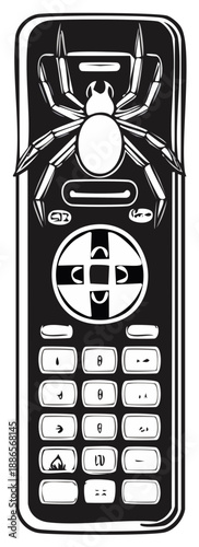 Creepy spider crawling on a remote control device representing technology fear