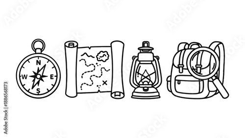 Explorer's Essentials: A collection of essential tools for the intrepid explorer, including a compass, map, lantern, backpack, and magnifying glass, suggesting a journey of discovery and adventure.