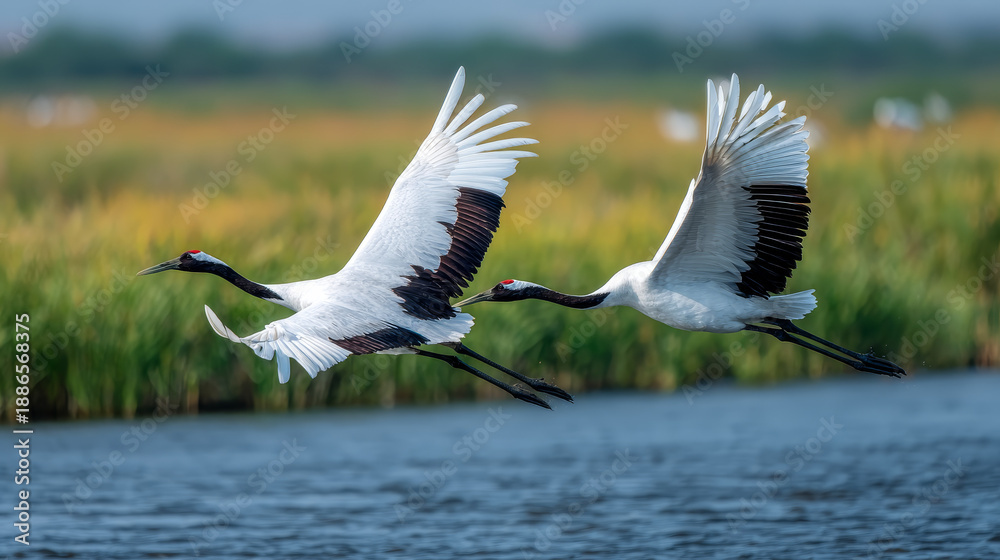 Obraz premium red crowned cranes flying in a lake