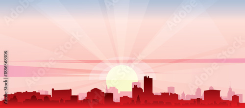 Red panoramic poster of the city skyline with misty background buildings, sunrise, moon and clouds of CURITIBA, BRAZIL