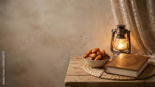Realistic still life of dates placed near a closed Qur’an, both arranged in a corner composition
