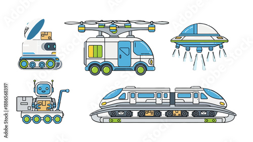 Future Transport Collection: Futuristic vehicles and robots are showcased, each a marvel of technological advancement, representing a vision of tomorrow's transport solutions.