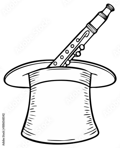 Musical Wind Instrument Appearing from a Tall Top Hat in a Whimsical Illustration Style