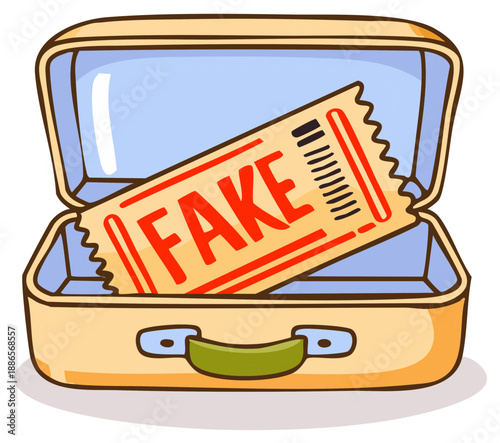 Counterfeit ticket with the word fake inside an open suitcase cartoon vector illustration