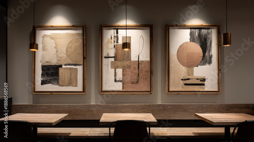 abstract paintings in an art gallery