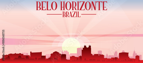 Red panoramic poster of the city skyline with misty background buildings, sunrise, moon and clouds of BELO HORIZONTE, BRAZIL
